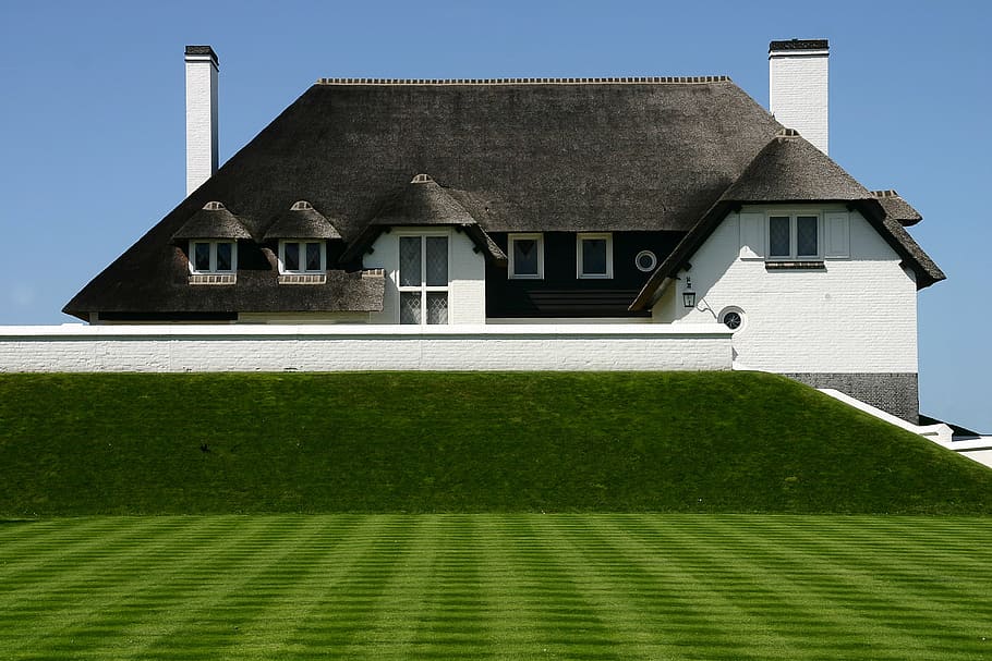 white, gray, house, trimmed, lawn, home, thatched roof, green lawn, baltic sea, thatched