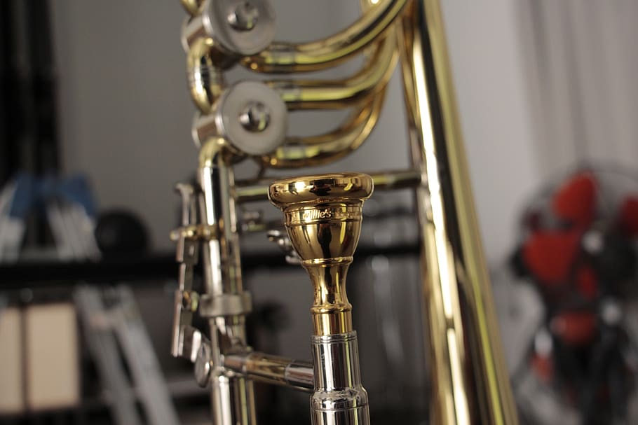 trombone, bus game, mouthpiece, yamaha, musical instruments, brass, bass trombone, music, musical instrument, metal