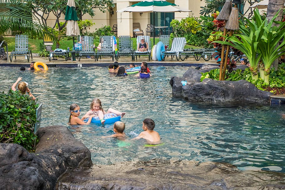 hawaii, oahu, resort, ko olina, marriott, pool, palm trees, outdoor, person, people