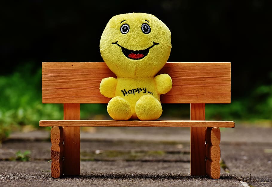 yellow, plush, toy, sitting, bench, smilies, bank, sit, rest, friends