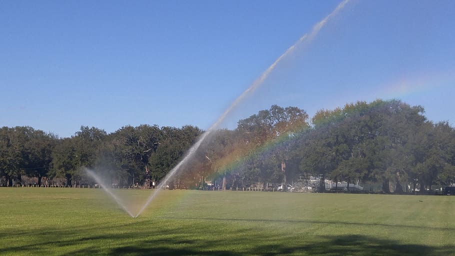 Sprinkler, Rainbow, Grass, Lawn, park, grass, lawn, green, outdoor, summer, landscape