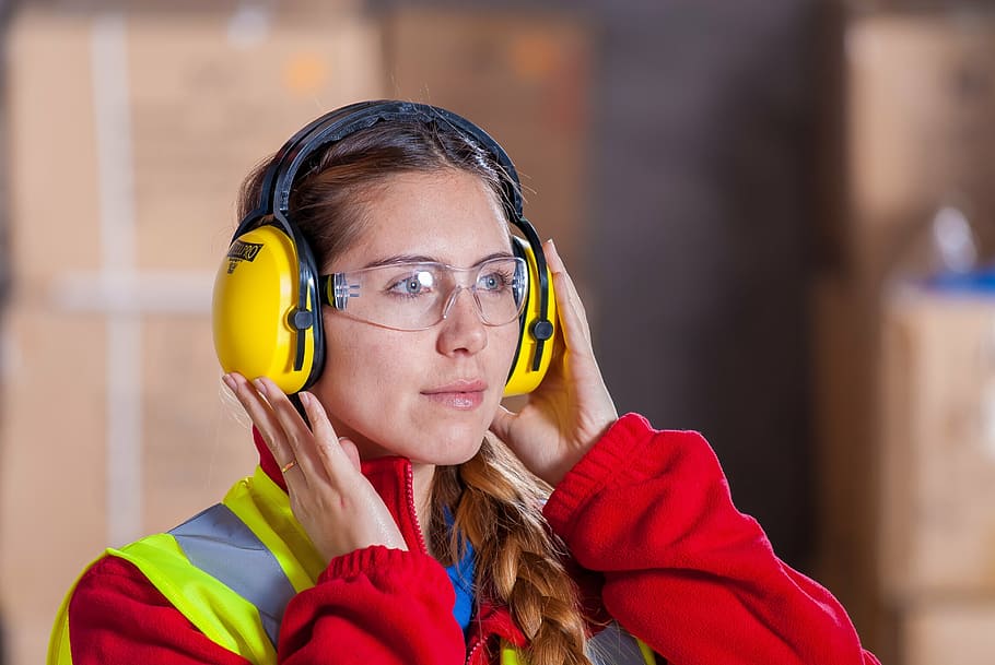 woman, wearing, yellow, headphones, industrial, security, logistic, work clothes, industrial safety, protective goggles