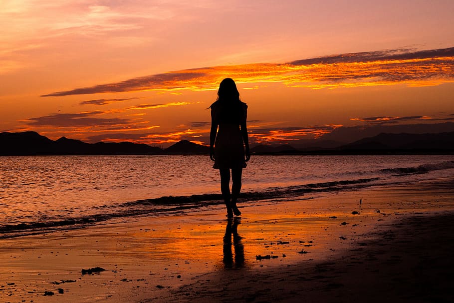 silhouette photograph, woman, standing, sea shore, dadaepo beach, busan sea, sea, beach, silhouette, women's