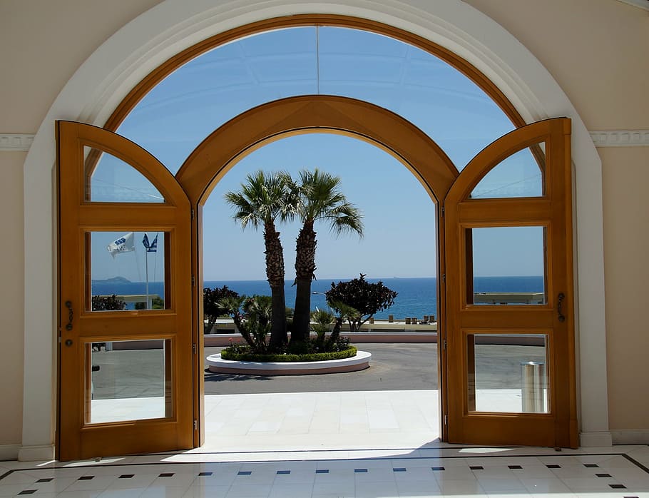 opened, brown, wooden, glass door, palm trees, entrance, door, view, gate, space