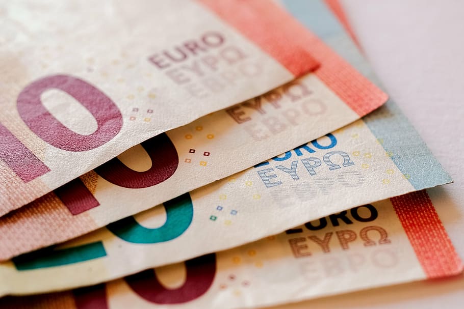 four, assorted-denomination, euro banknotes, money, euro, finance, currency, cash, financial, investment