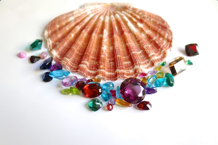 gemstones, clam, shell, ruby, emerald, sapphire, luxury, precious, topaz, bright