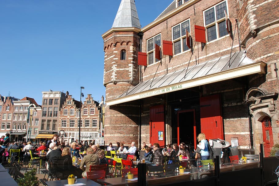 waag, amsterdam, arsitektur, liège, restoran, teras, musim semi, nikmati, eksterior bangunan, struktur yang dibangun