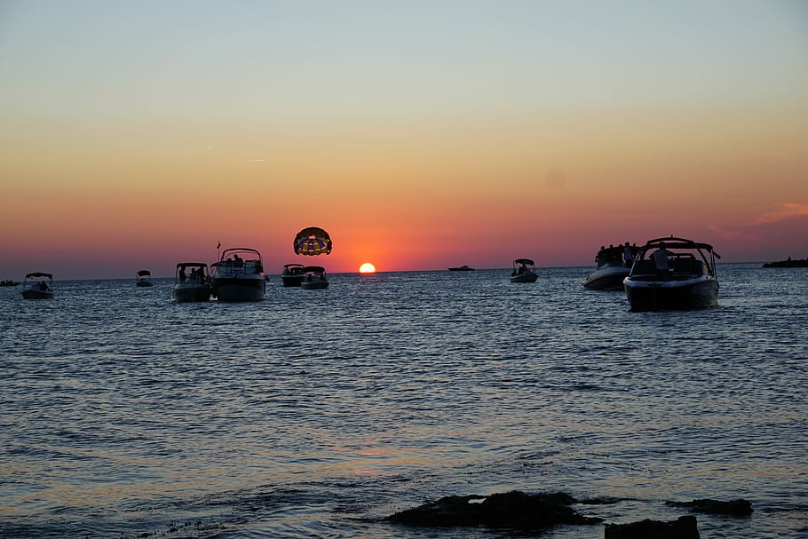 Puesta de sol, Sant Antoni, Ibiza, Mar, romántico, isla, vacaciones, barcos, agua, playa