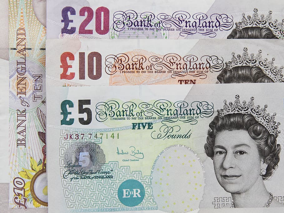 cuatro, 20, 10, billetes de 5 libras, banco, banca, billete de banco, gran bretaña, británico, negocios