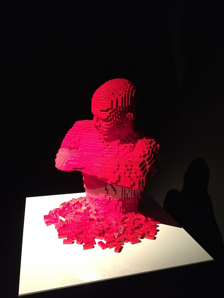 thinking, lego, red, sculpture, art, upper body, one person, indoors, pink color, studio shot