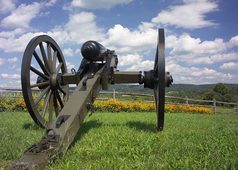Antietam, Maryland, nubes, flores, cielo, valla, cañón, guerra civil americana, hierba, campo
