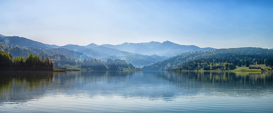 widescreeen, beautiful, fog, forest, lake, mountains, nature, river, scenic, sky