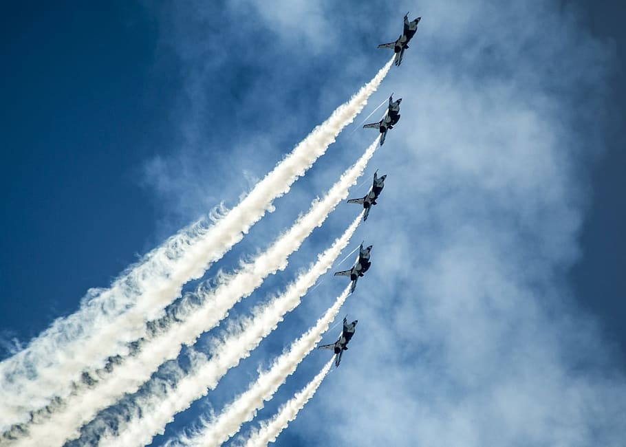 time lapse photography, five, plane contrails, air show, thunderbirds, formation, military, us air force, aircraft, jets