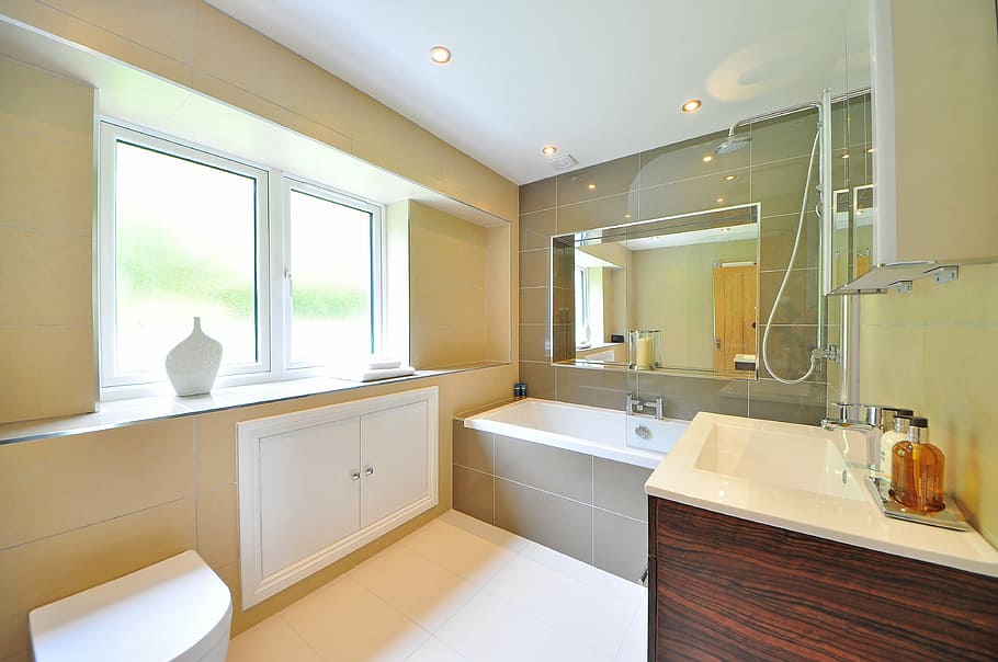 beige, gray, comfort room, bathroom, luxury, luxury bathroom, sink, bathtub, contemporary, mirror