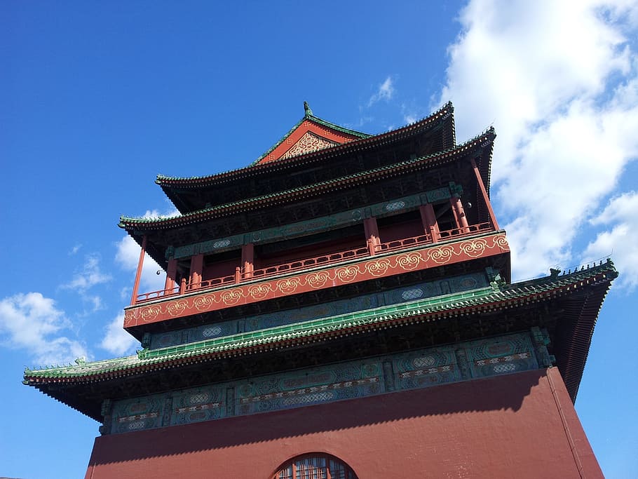 brown, teal, concrete, building, white, clouds, beijing, historic building, china, drum tower