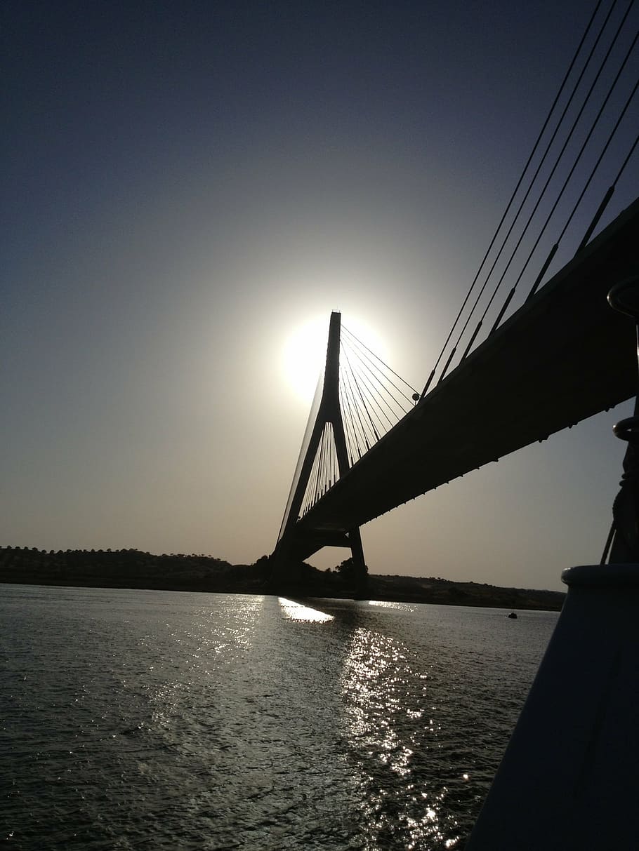 bridge international, guadiana river, river, sky, water, sunset, spain, portugal, bridge, connection