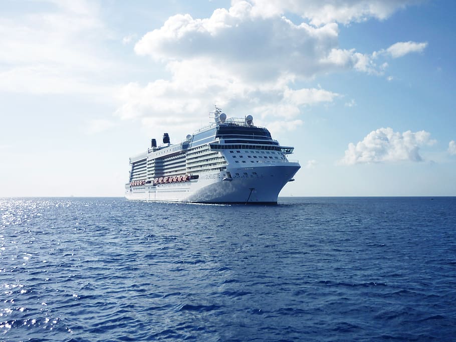 fotografia, branco, azul, navio da tripulação navegando, mar, navio, cruzeiro, férias, água, cruzeiros