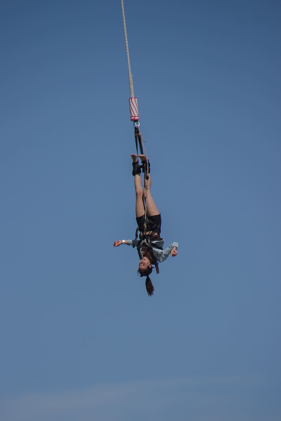 woman, hang, bungee rope, jump, air, bungy, sky, adventure, mid-air, sport