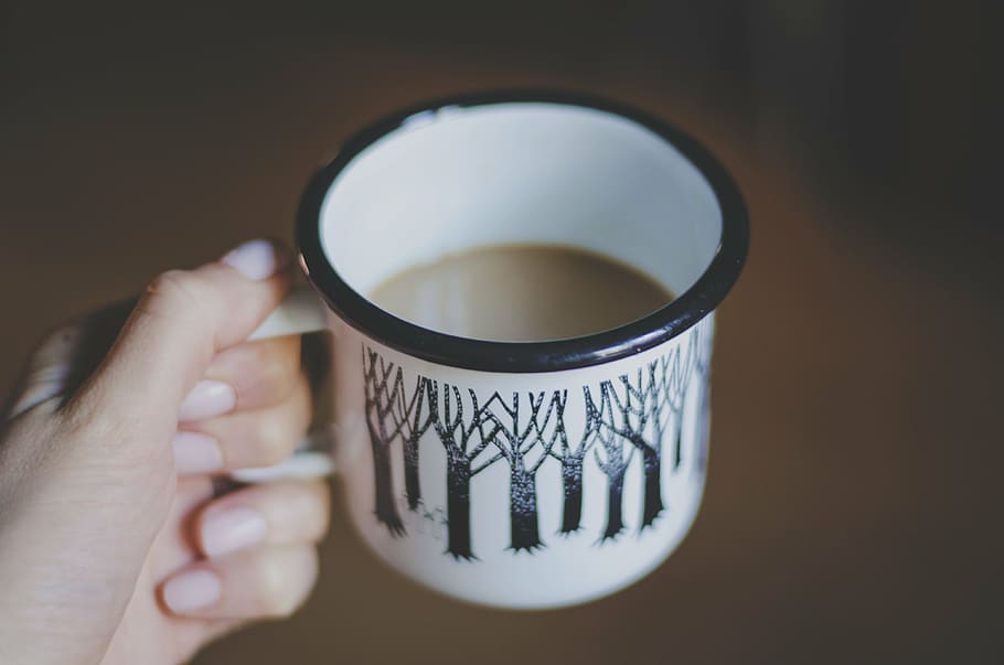 person, holding, white, black, ceramic, cup, coffee, drink, hand, macro