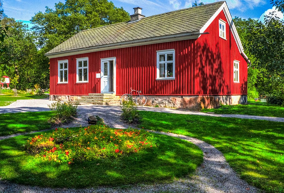 red, wooden, surrounded, trees, House, Skansen, Stockholm, Sweden, scandinavia, europe