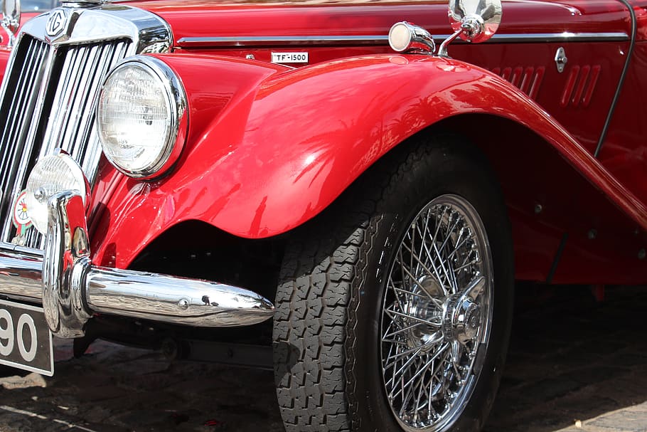 coche, rojo, vintage, ruedas, radios, neumáticos, brillante, vehículo, automóvil, motor