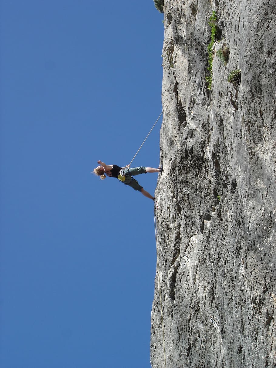 mulher, Rocha, escalada, escalar, alpinista, corda, esporte, escalar corda, corda acima, equipamento de escalada