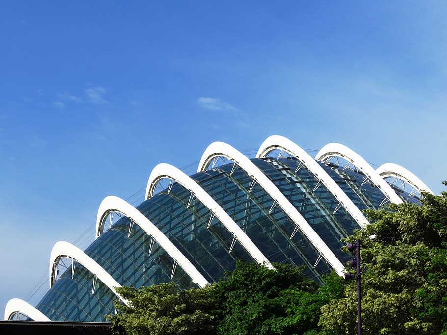 clear, glass dome building, flower dome, garden by the bay, singapore, architecture, built structure, sky, low angle view, tree