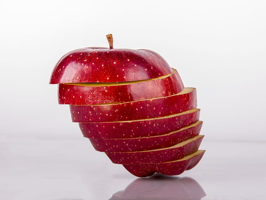 horizontal, irisan, merah, apel, putih, permukaan, apel merah, permukaan putih, objek, irisan apel