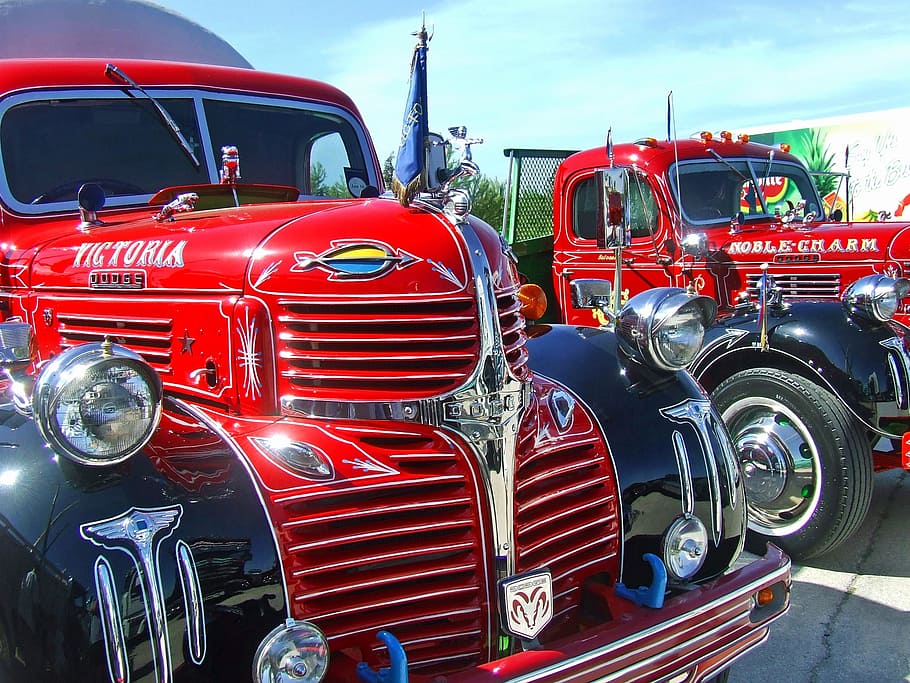 two, red, dodge, victoria, noble, charm trucks, blue, sky, daytime, truck