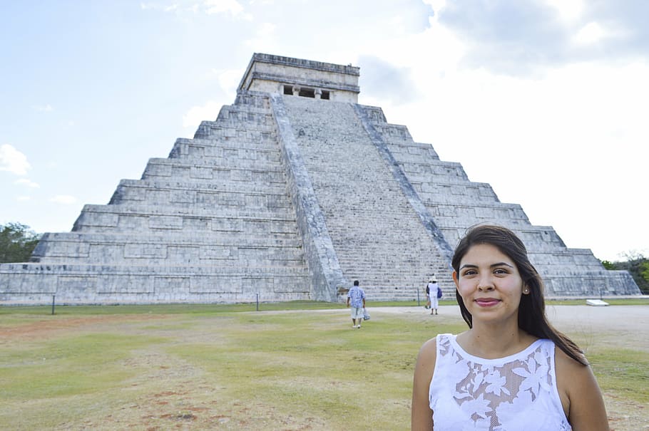 pyramid, maya, mexican, girl, mexico, tourism, architecture, aztec, quintana roo, cancun