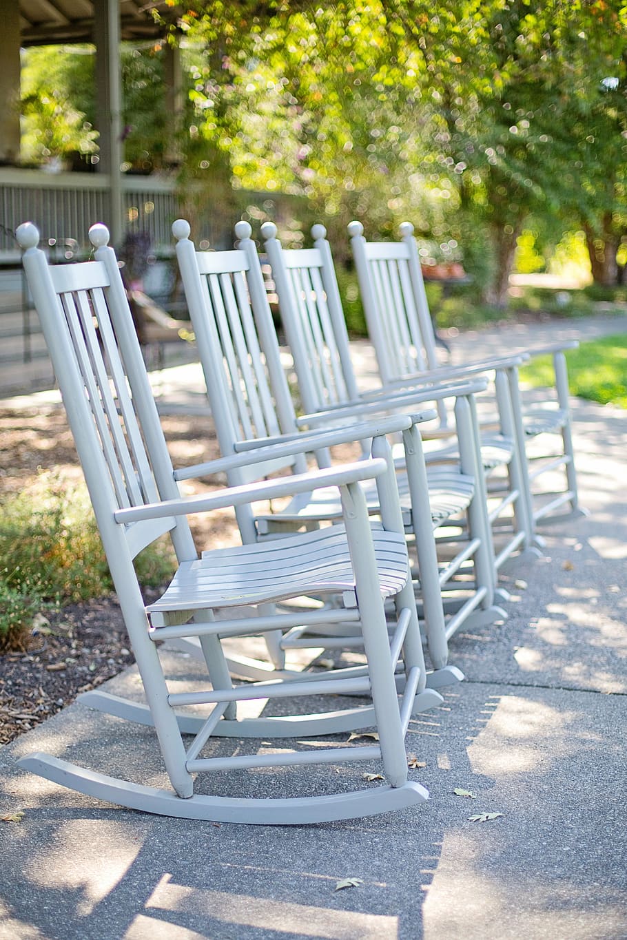 four, white, wooden, armchairs, rocking chairs, chairs, rockers, garden, outdoors, chair