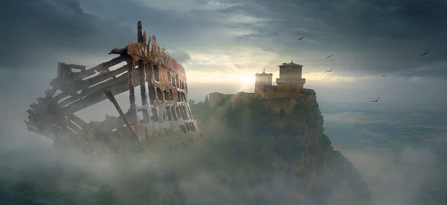 building, mountain, top, fantasy, castle, fog, ship, wreck, mysterious, landscape