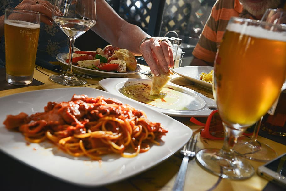 spaghetti, square, white, ceramic, plate, stainless, steel fork, dinner, table, eating