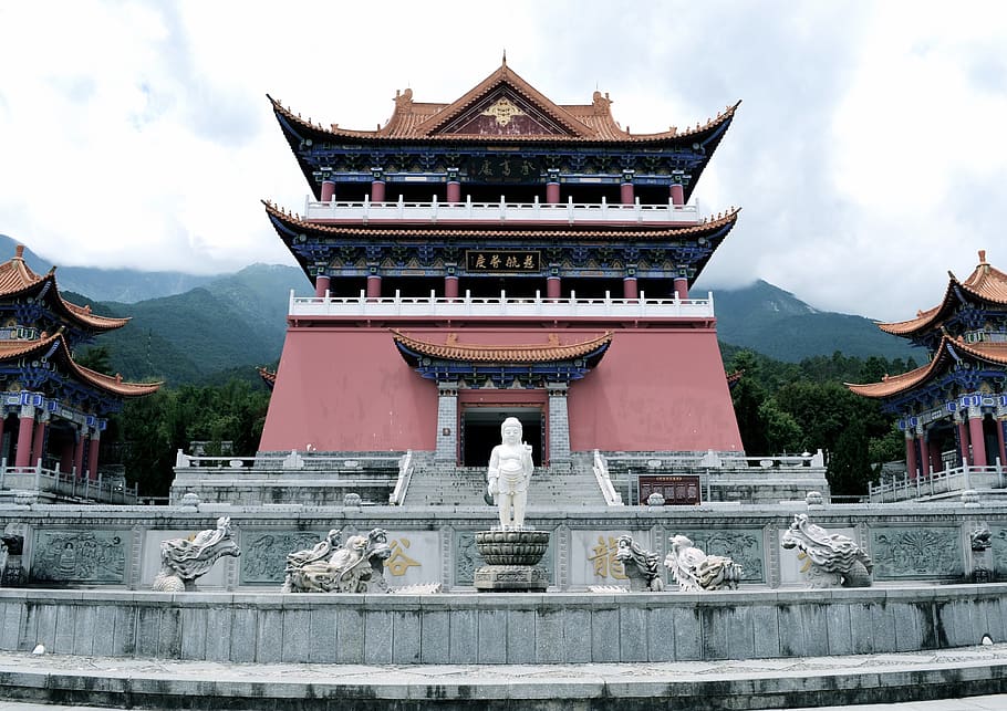 temple, china, in yunnan province, kowloon bathing, architecture, built structure, building exterior, building, sky, religion