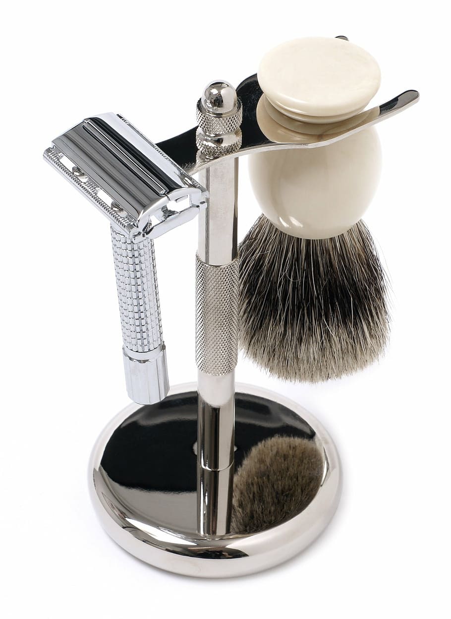 silver razor, shaving foam brush, silver metal, stand, shaving set, shaving brush, razor, barber, brush, barbershop