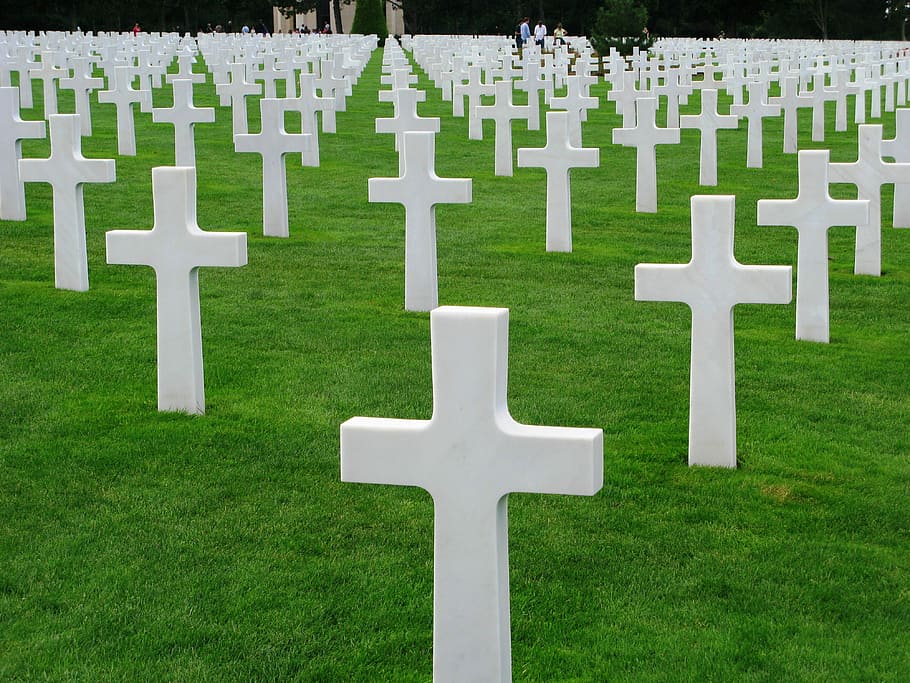 Normandía, cementerio, segunda guerra mundial, memorial, lápida, cruz, tumba, hierba, lápida sepulcral, planta