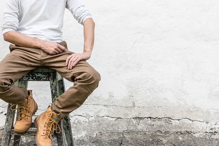 man, sitting, wall, concrete, rustic, texture, background, work boots, boots, pose