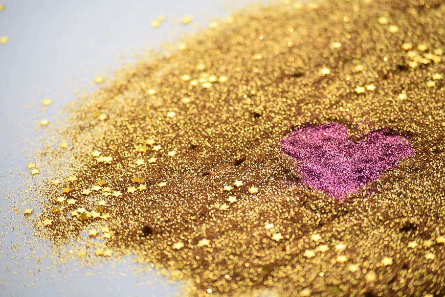 gold, pink, glitter, scattered, floor, heart, pretty girl, love, red, holiday