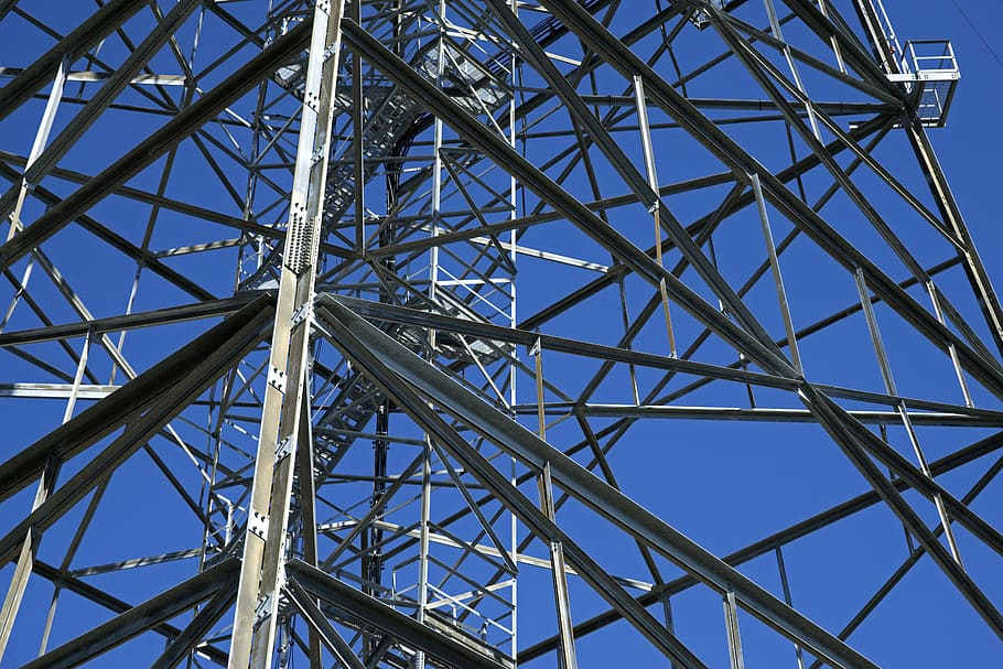 steel, tower, steel tower, transmission tower, power, energy, structure, electricity, metal, blue