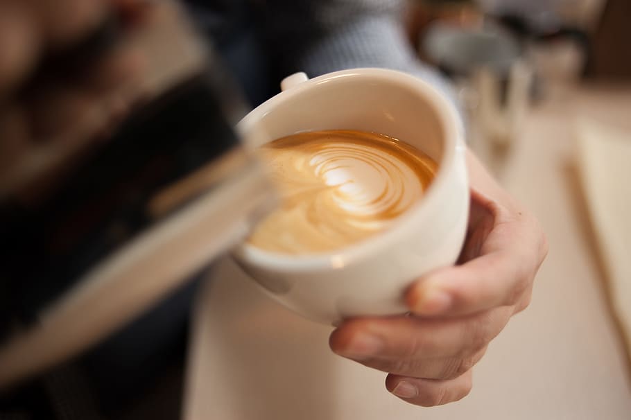 person, pouring, cream, onto, white, cup, cappuccino, selective, focus photo, Coffee
