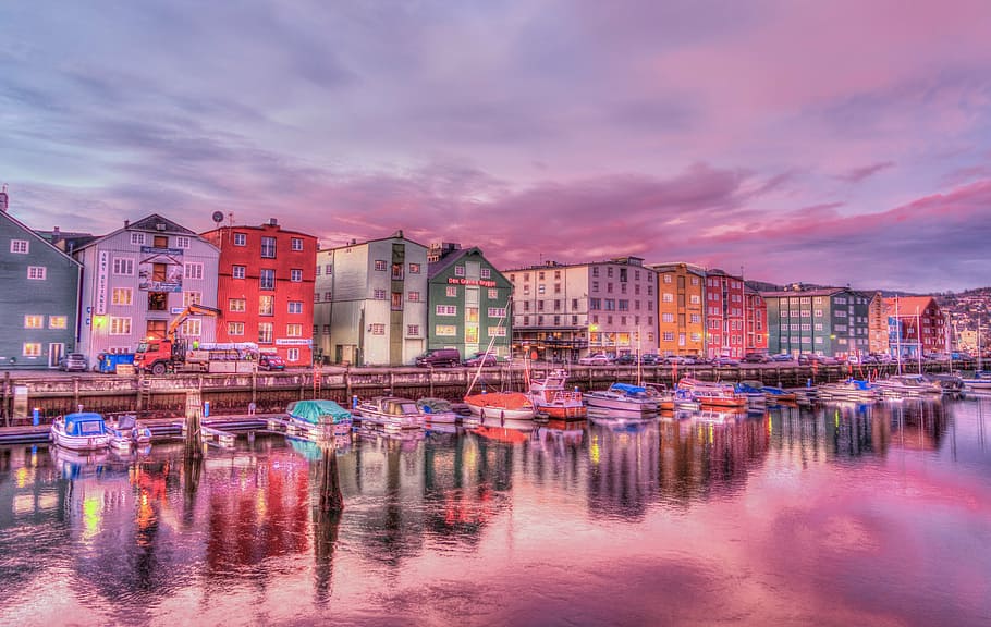 city building, body, water, night, norway, trondheim, old town, harbor, sunrise, reflection