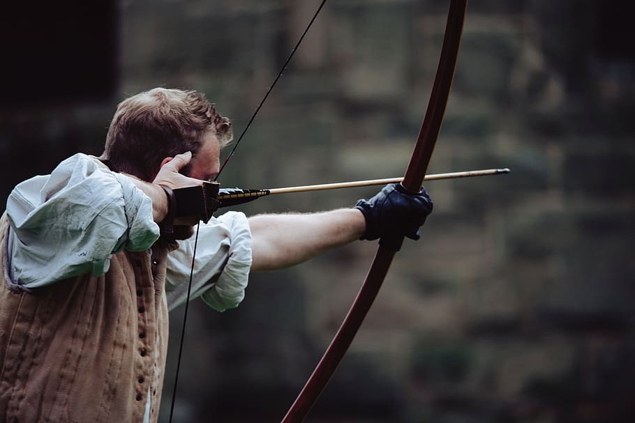 man using bow, people, man, atlhlete, sport, game, adventure, outdoor, bow and arrow, weapon