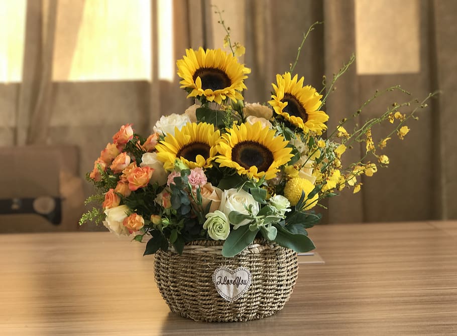 sunflowers, inside, vase, Sunflower, Flower Arrangement, flower, decoration, bouquet, celebration, indoors