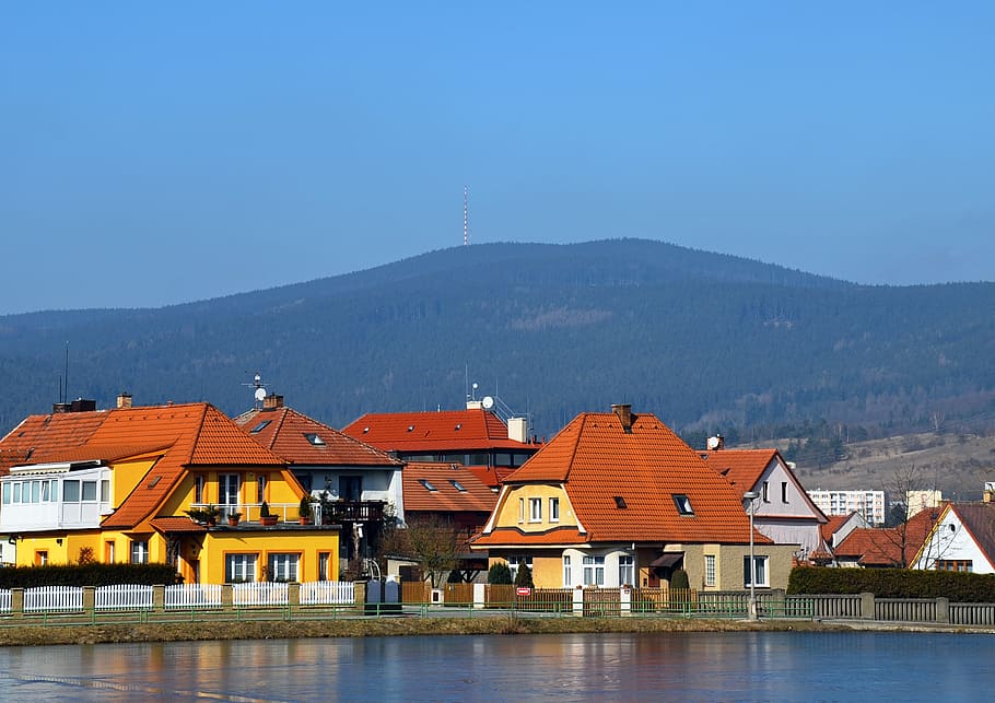 sky, kleť hill, houses, bohemia, pond, water, spring, landscape, light, forest