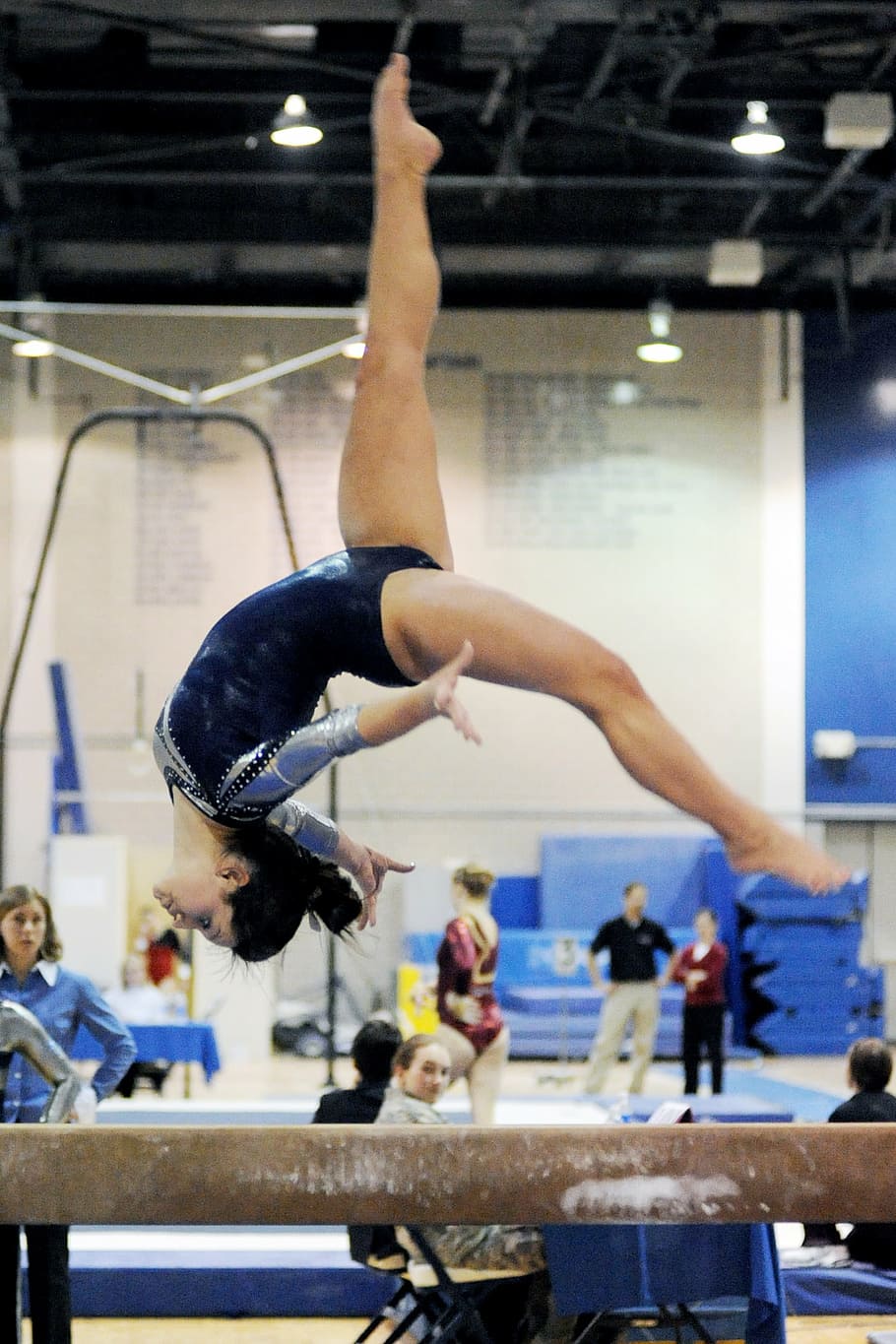 gymnast, back, flipping, beam, gymnastics, female, performance, balance, flip, exercise
