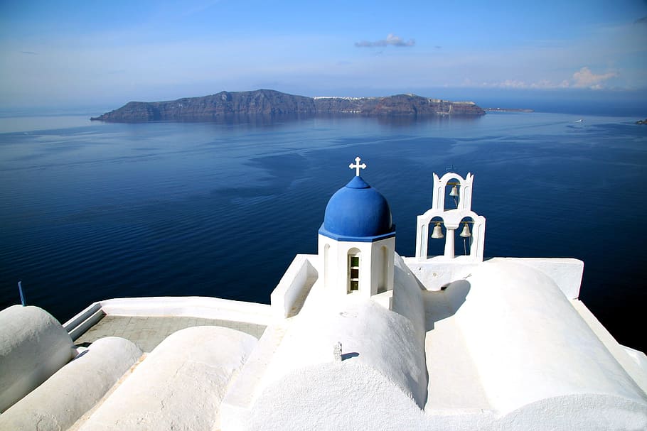branco, capela, corpo, água, Santorini, Grego, Ilha, Caldera, ilha grega, Oia