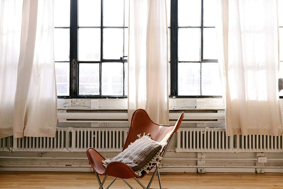 white, gray, chair, glass windows, pillow, hardwood, windows, curtains, radiators, window