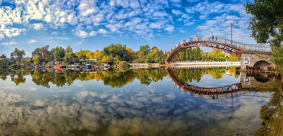 musim gugur, sungai, jembatan, Taman, ukraina, Novomoskovsk, matahari terbenam, dengung, hdr, kota