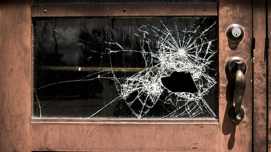 сломанный, стекло, деревянный, дверь, школа, поврежден, окно, преступление, разбитое стекло, разбитое окно