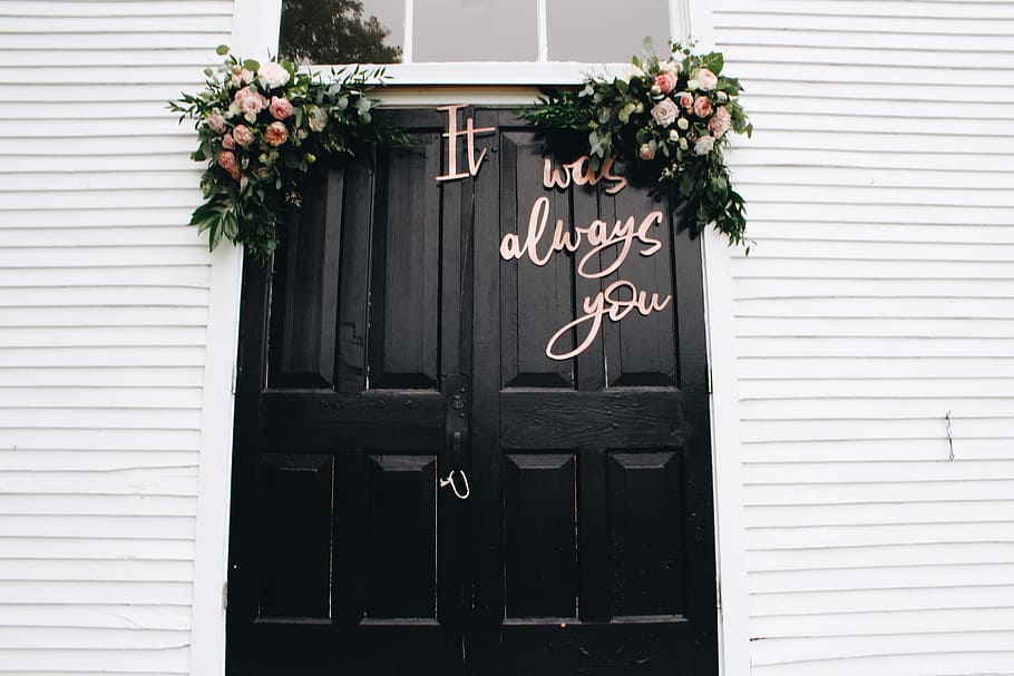 black, wooden, double, doors, always, decor, wedding, love, door, flowers